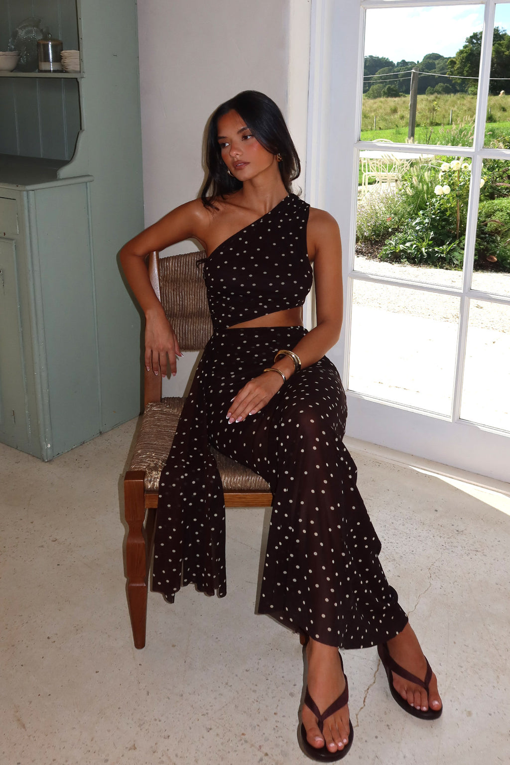 Viela One-Shoulder Cut-Out Maxi Dress Polka Dot Brown by Selfie Leslie Australia