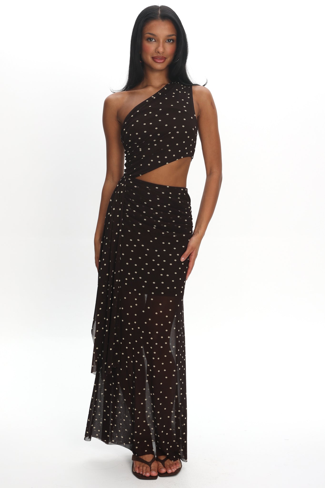 Viela One-Shoulder Cut-Out Maxi Dress Polka Dot Brown by Selfie Leslie Australia