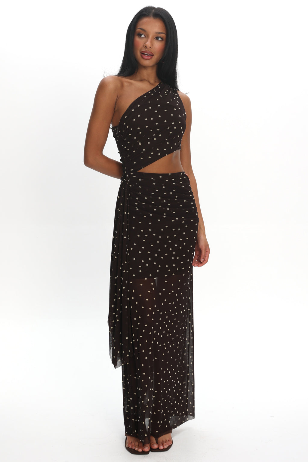 Viela One-Shoulder Cut-Out Maxi Dress Polka Dot Brown by Selfie Leslie Australia