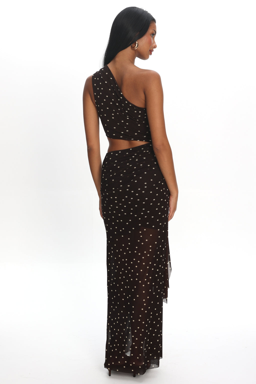 Viela One-Shoulder Cut-Out Maxi Dress Polka Dot Brown by Selfie Leslie Australia