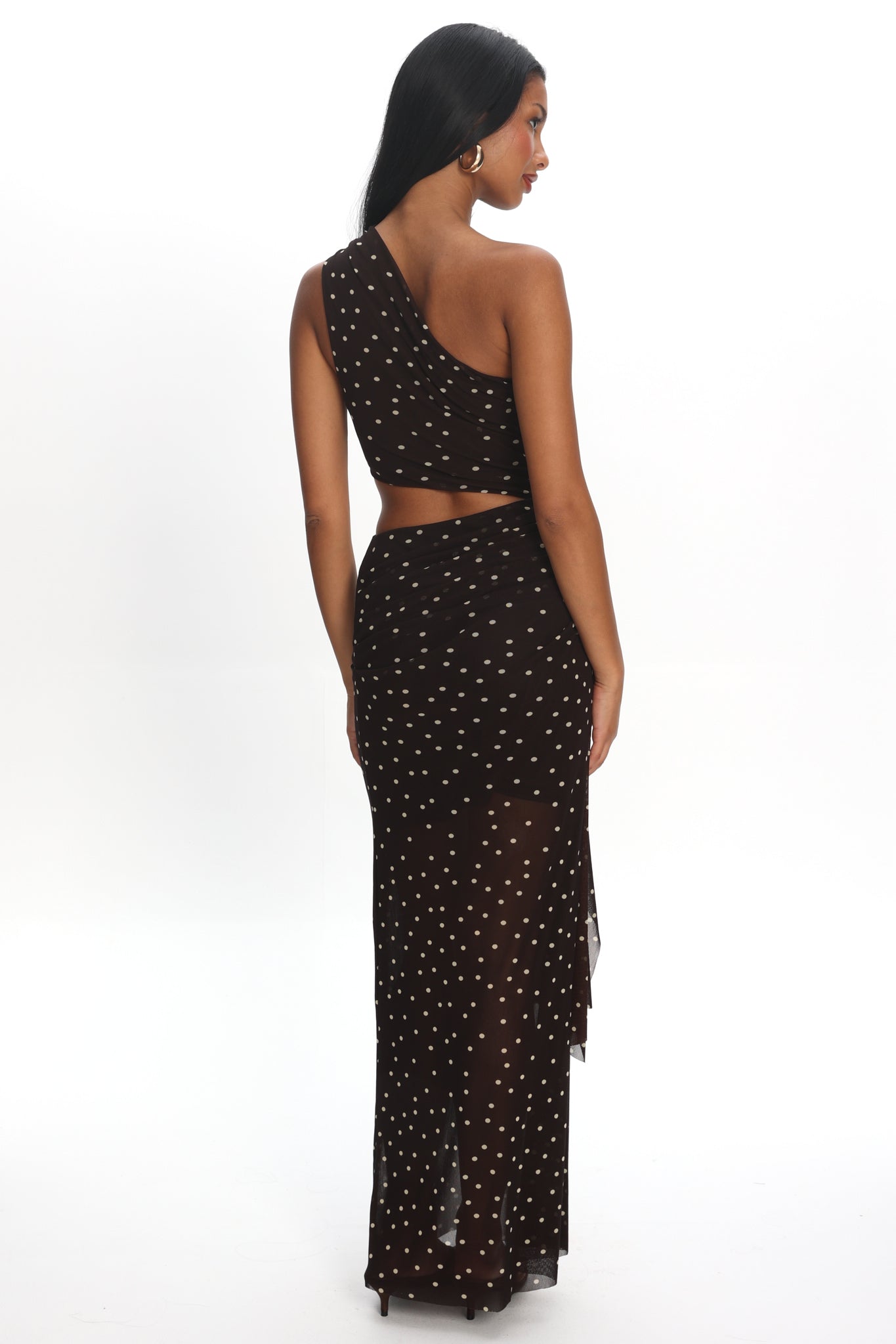 Viela One-Shoulder Cut-Out Maxi Dress Polka Dot Brown by Selfie Leslie Australia