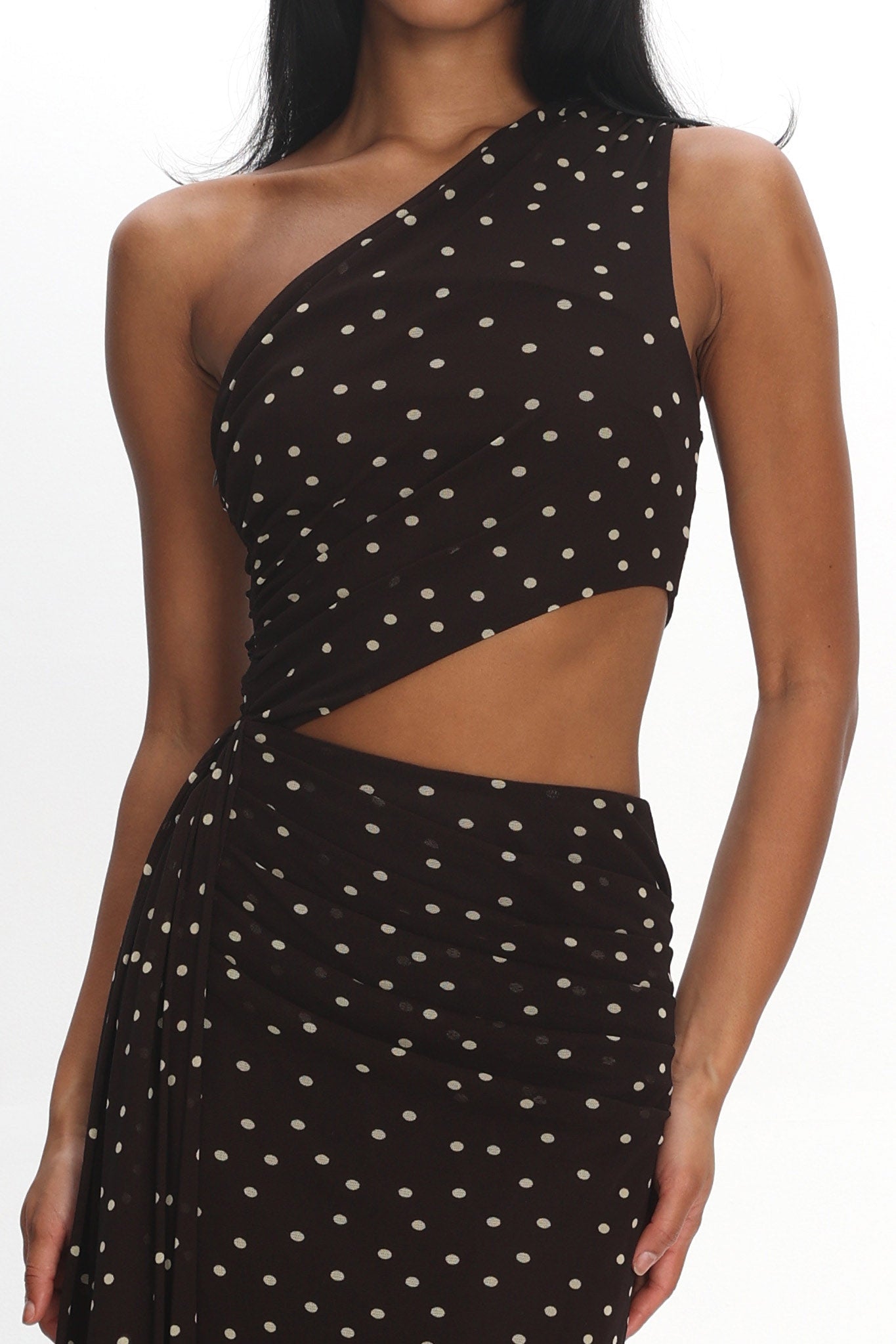Viela One-Shoulder Cut-Out Maxi Dress Polka Dot Brown by Selfie Leslie Australia