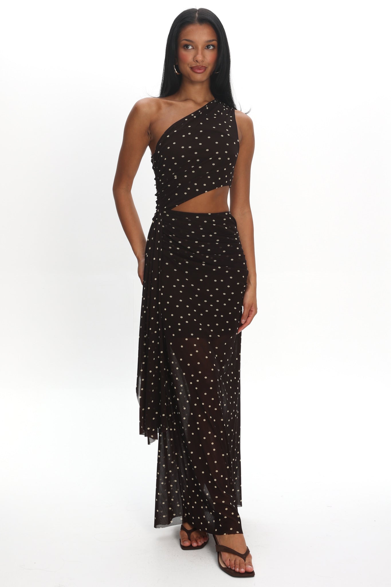 Viela One-Shoulder Cut-Out Maxi Dress Polka Dot Brown by Selfie Leslie Australia