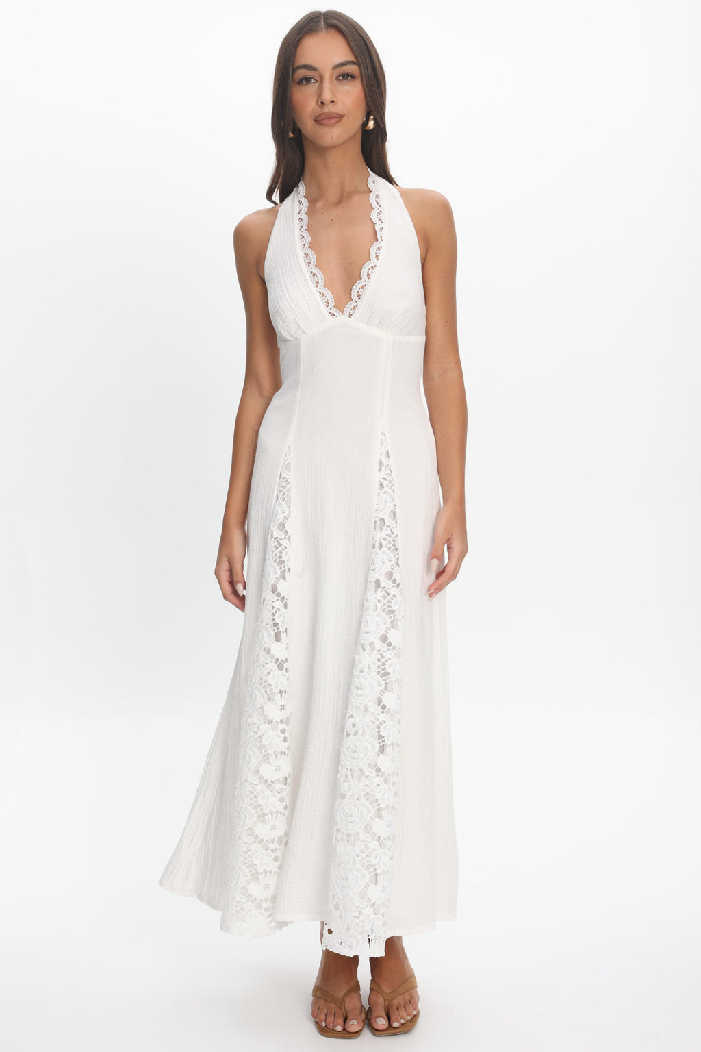 Claudette Halterneck Lace Trim Maxi Dress White