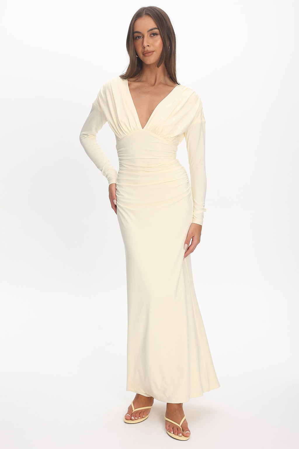 Gilded Long Sleeve Ruched Maxi Dress Butter by Selfie Leslie Australia