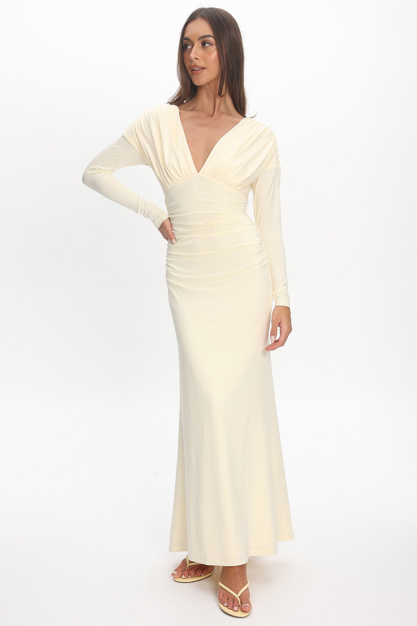 Gilded Long Sleeve Ruched Maxi Dress Butter by Selfie Leslie Australia