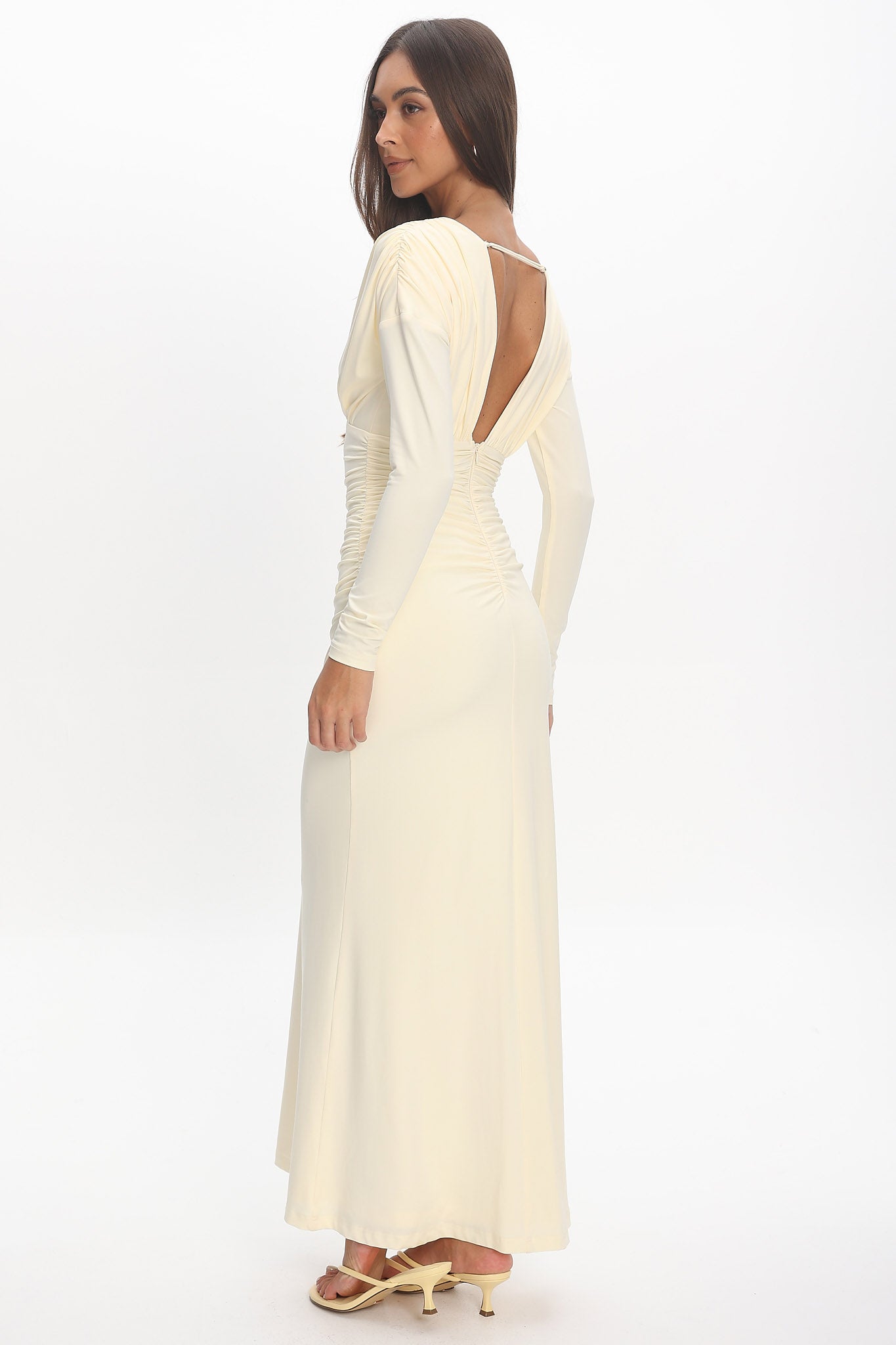 Gilded Long Sleeve Ruched Maxi Dress Butter by Selfie Leslie Australia