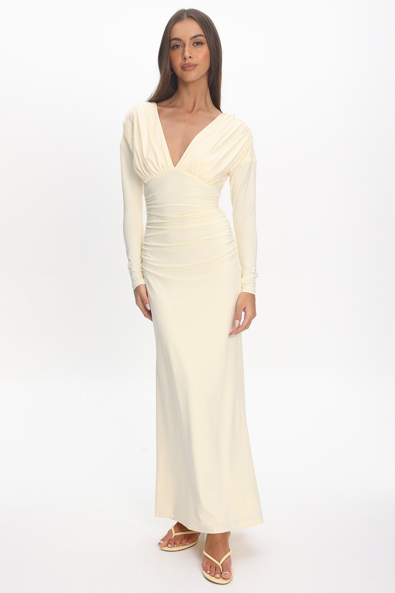 Gilded Long Sleeve Ruched Maxi Dress Butter by Selfie Leslie Australia