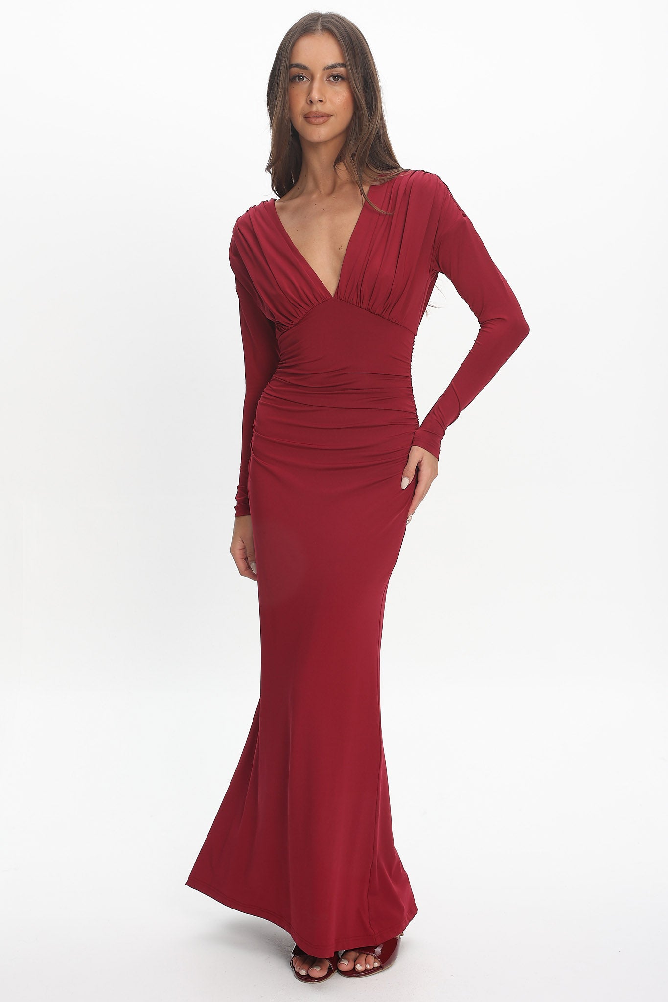 Gilded Long Sleeve Ruched Maxi Dress Wine by Selfie Leslie Australia