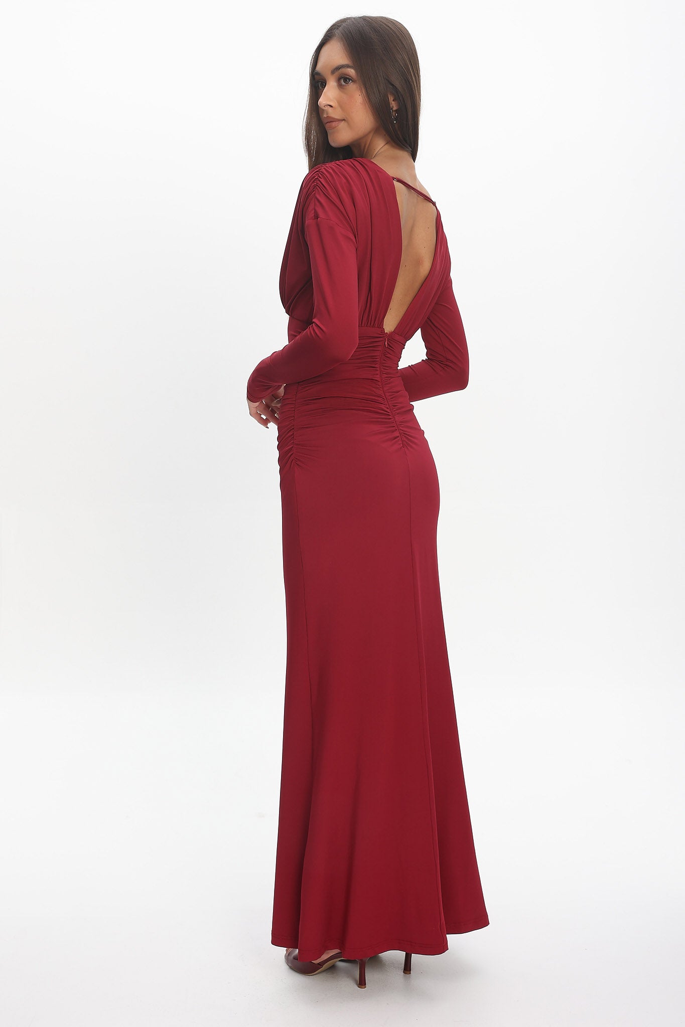 Gilded Long Sleeve Ruched Maxi Dress Wine by Selfie Leslie Australia