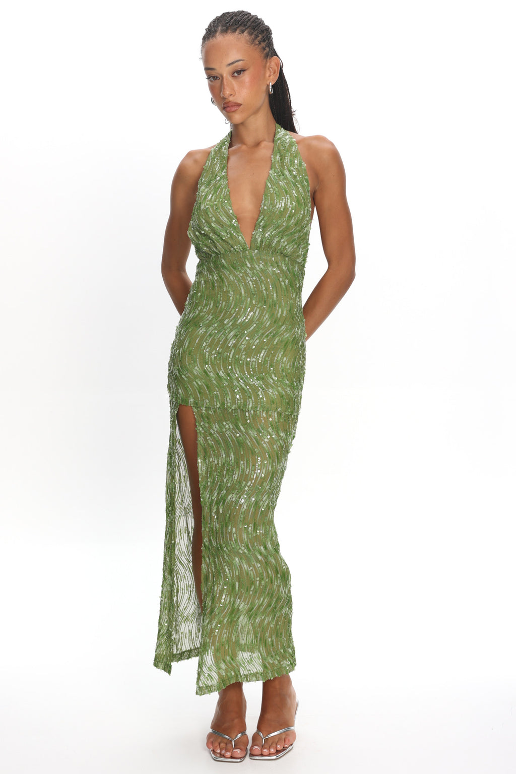 Sharisa High Slit Halter Maxi Dress Green by Selfie Leslie Australia