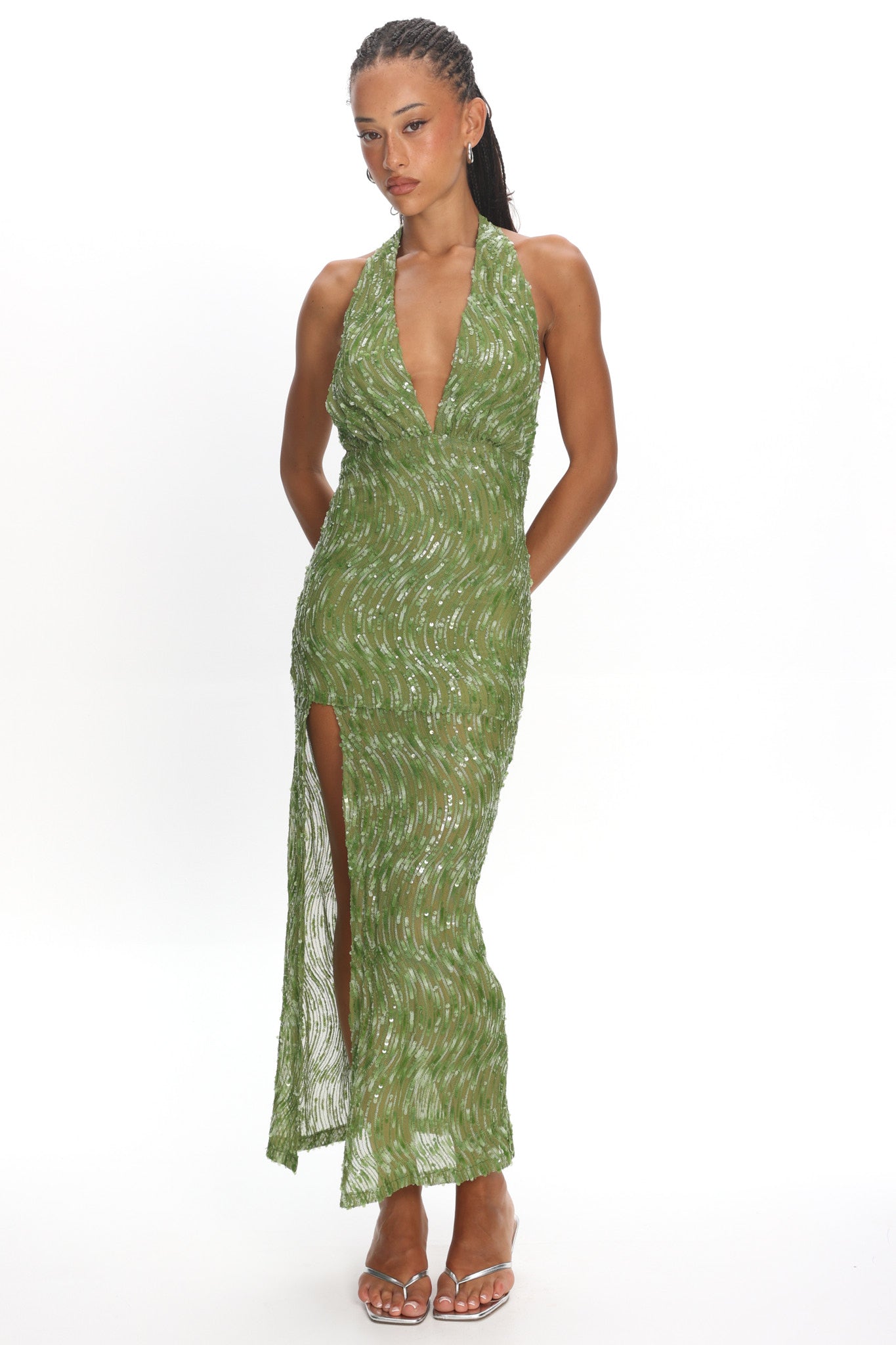 Sharisa High Slit Halter Maxi Dress Green by Selfie Leslie Australia