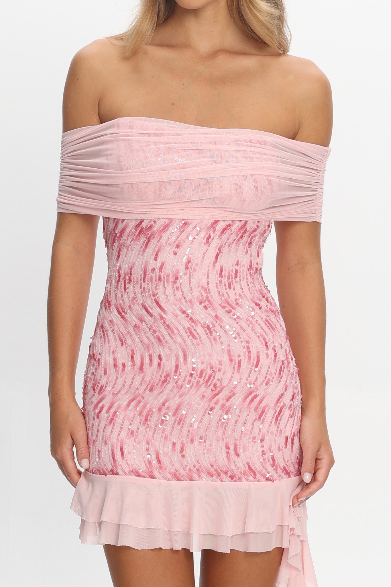 Talking Stage Off-Shoulder Mini Dress Pink by Selfie Leslie Australia