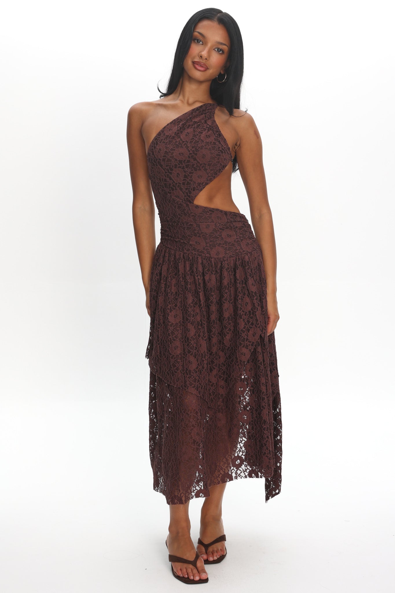 Call Back Cut-Out Waist Midi Dress Lace Chocolate by Selfie Leslie Australia