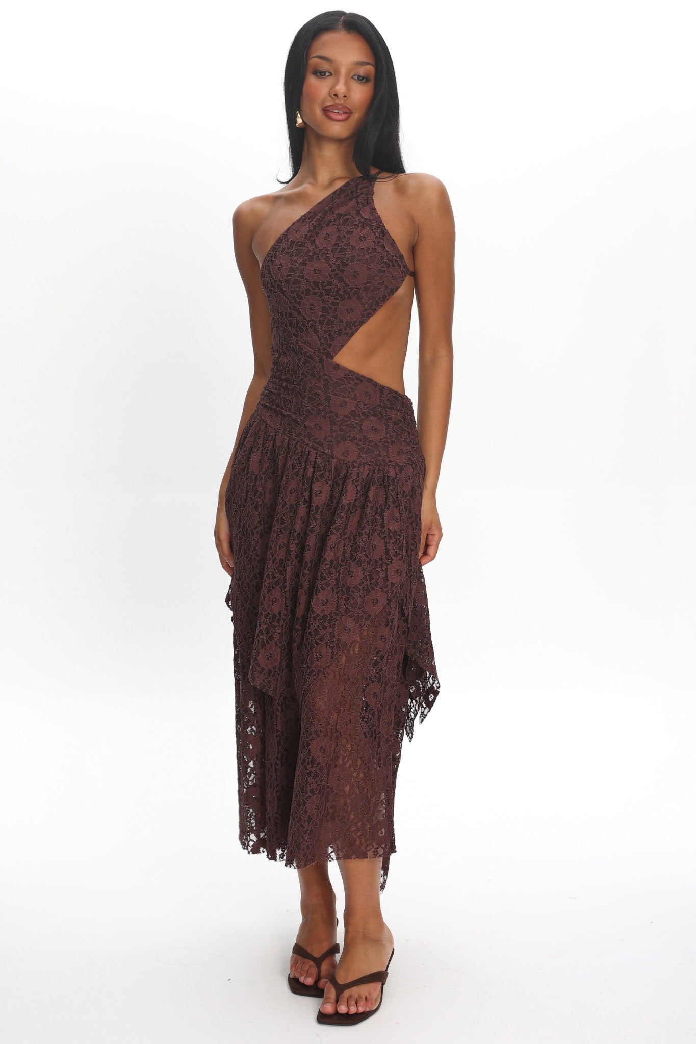 Call Back Cut-Out Waist Midi Dress Lace Chocolate by Selfie Leslie Australia