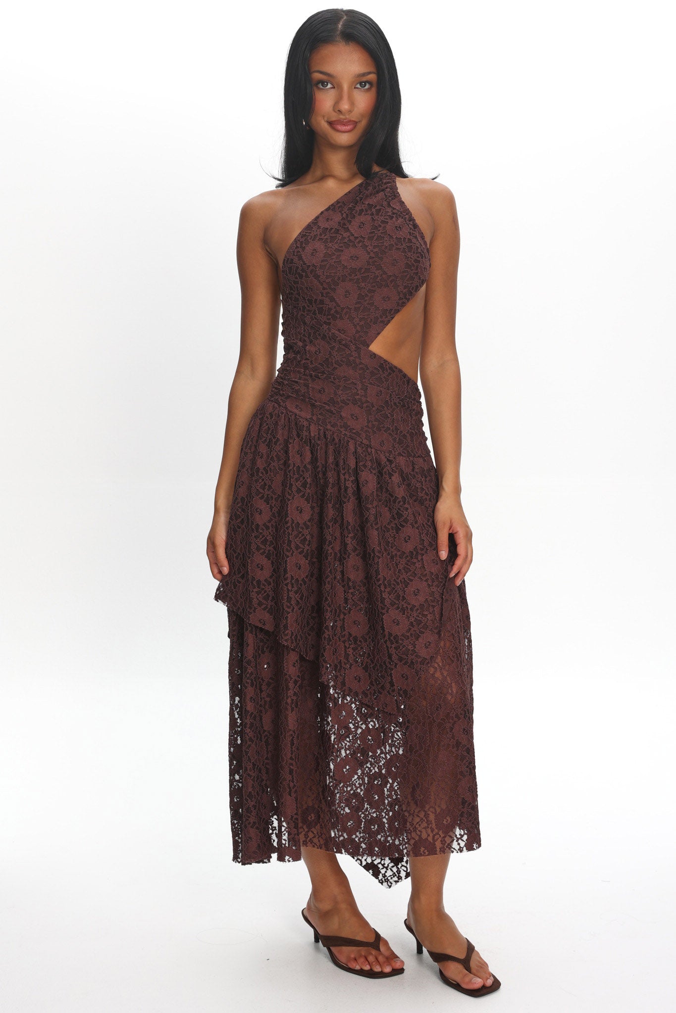 Call Back Cut-Out Waist Midi Dress Lace Chocolate by Selfie Leslie Australia