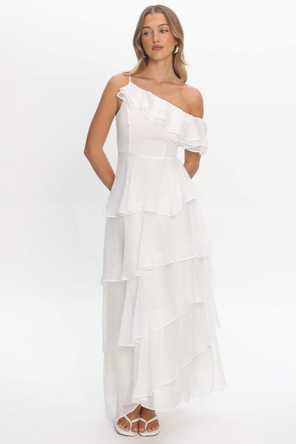 Elizaveta One-Shoulder Tiered Maxi Dress Ivory by Selfie Leslie Australia