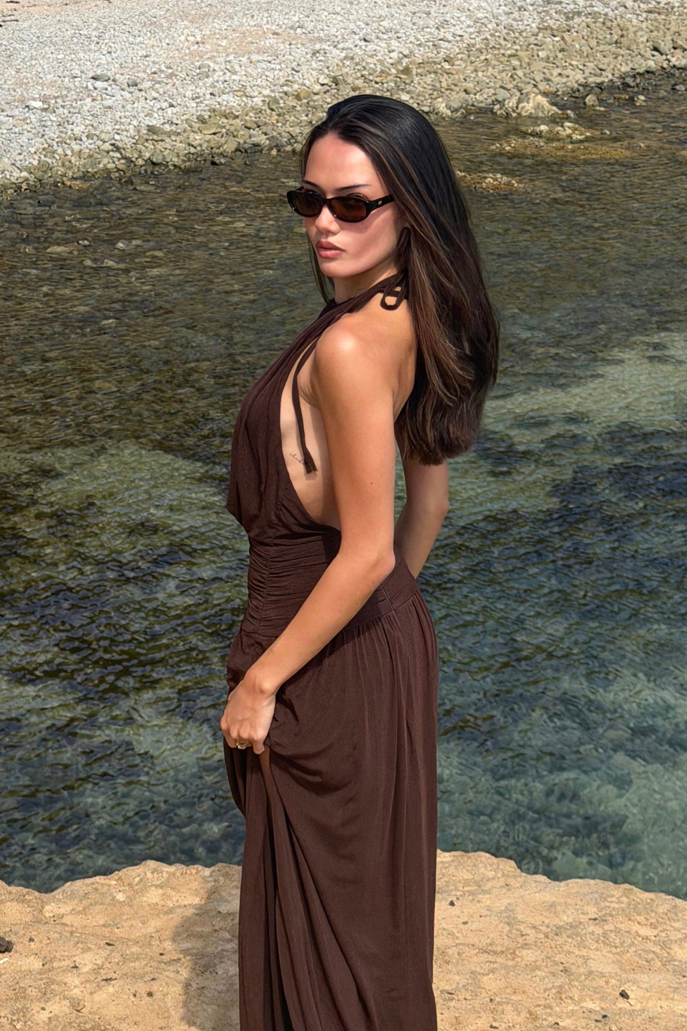 Entangled Backless Halter Maxi Dress Chocolate by Selfie Leslie Australia