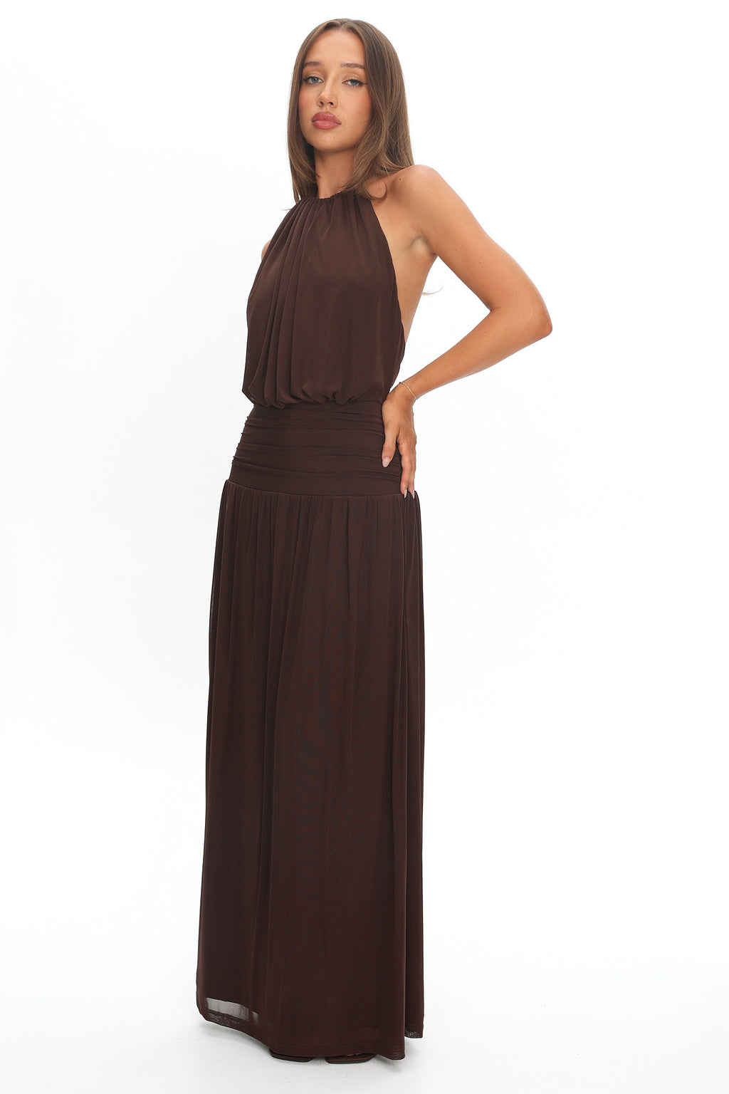 Entangled Backless Halter Maxi Dress Chocolate by Selfie Leslie Australia