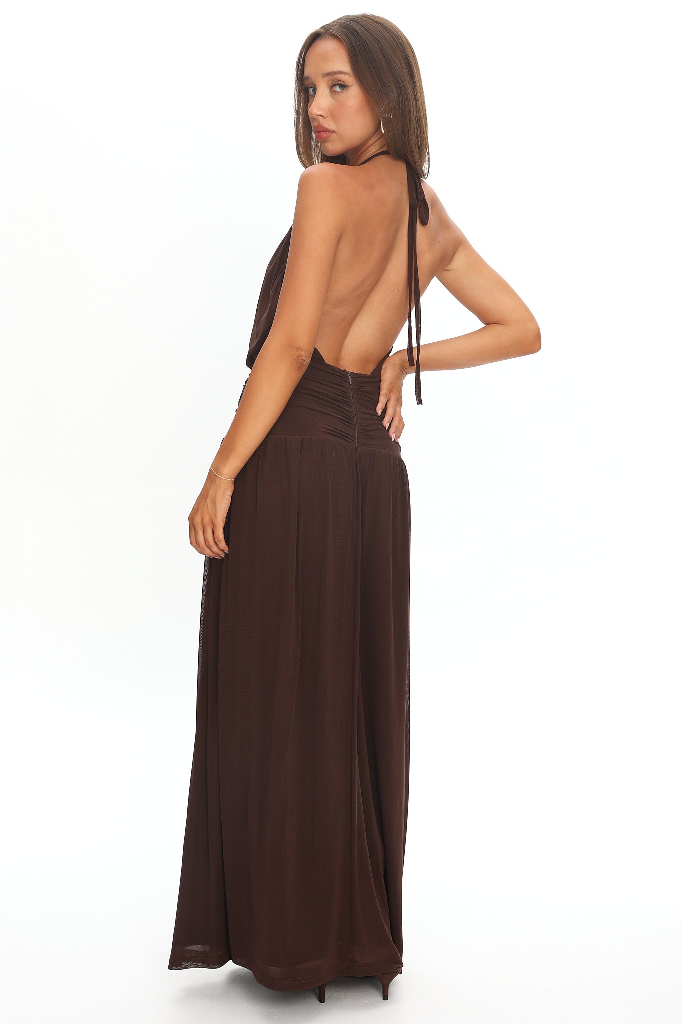 Entangled Backless Halter Maxi Dress Chocolate by Selfie Leslie Australia