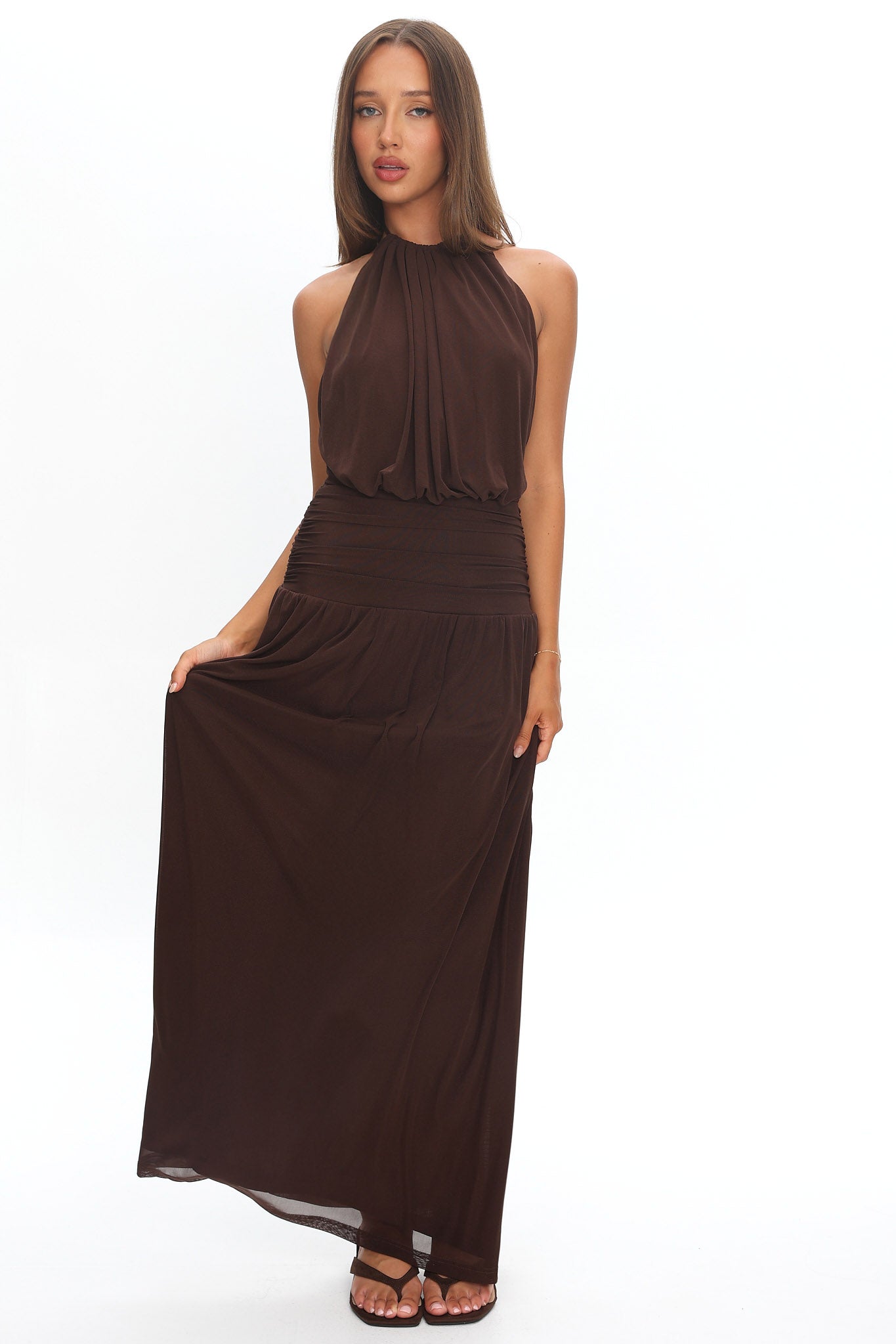 Entangled Backless Halter Maxi Dress Chocolate by Selfie Leslie Australia