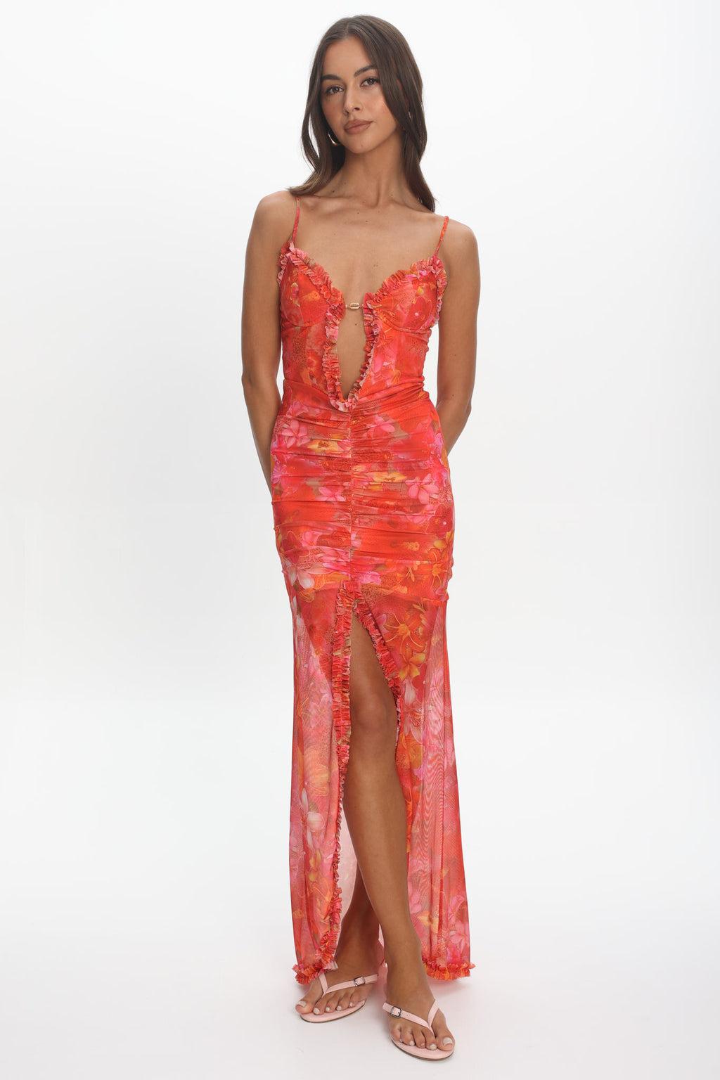 Audette Frill Trim Plunging Maxi Dress Floral Coral