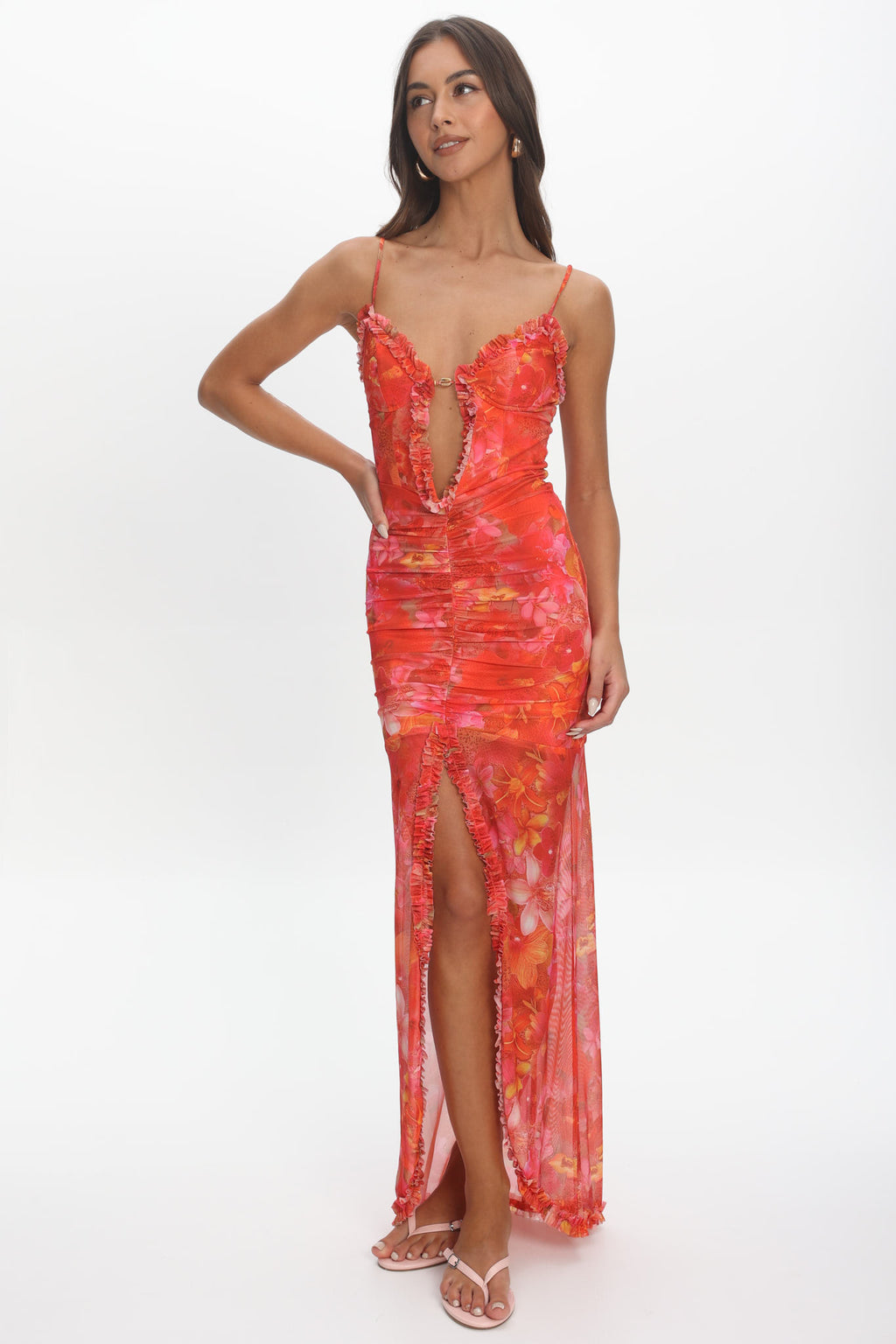 Audette Frill Trim Plunging Maxi Dress Floral Coral