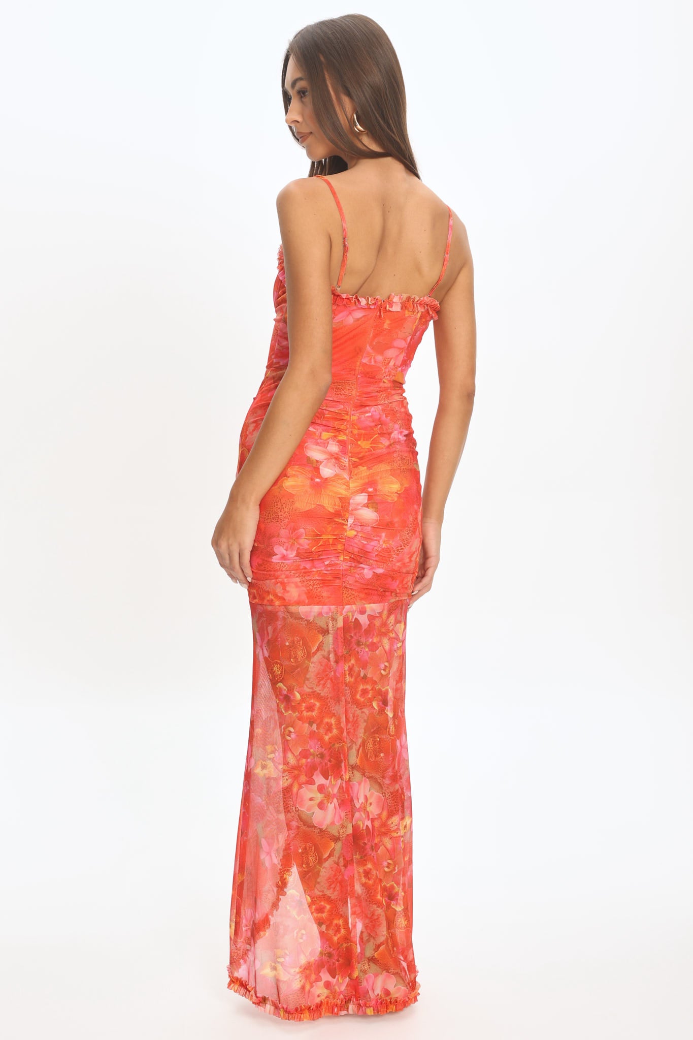 Audette Frill Trim Plunging Maxi Dress Floral Coral