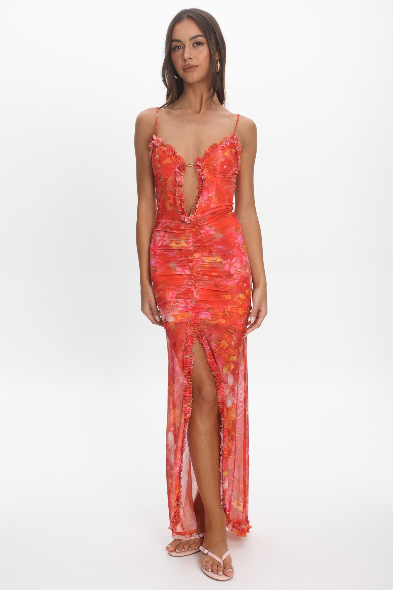 Audette Frill Trim Plunging Maxi Dress Floral Coral