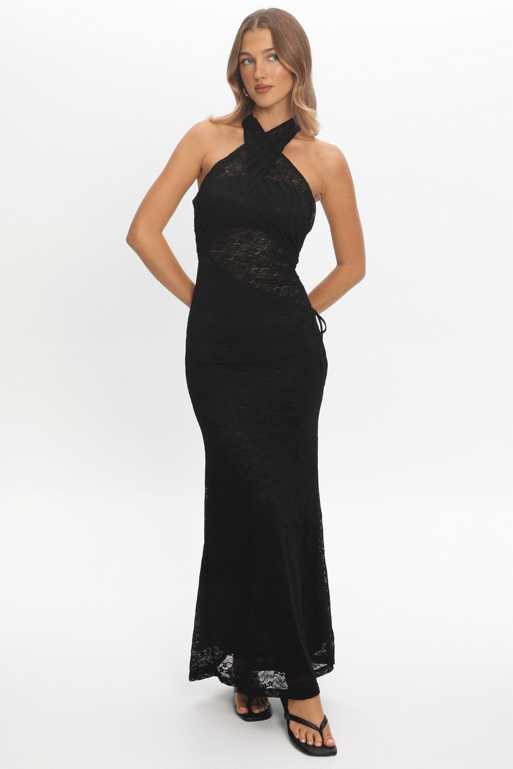 Karmella Cross-Front Lace Halter Maxi Dress Black by Selfie Leslie Australia