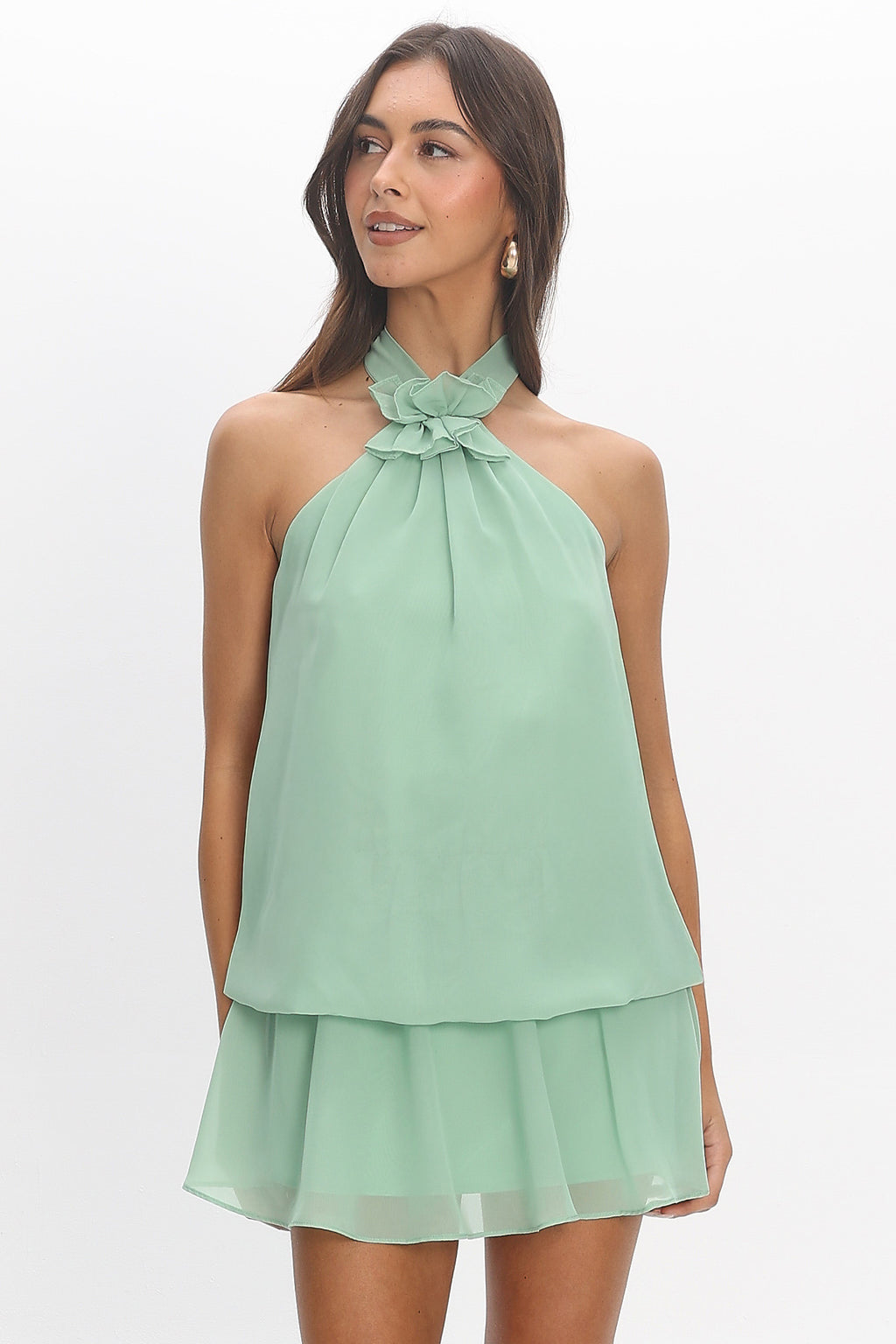Aniyah Layered Halter Mini Dress Mint