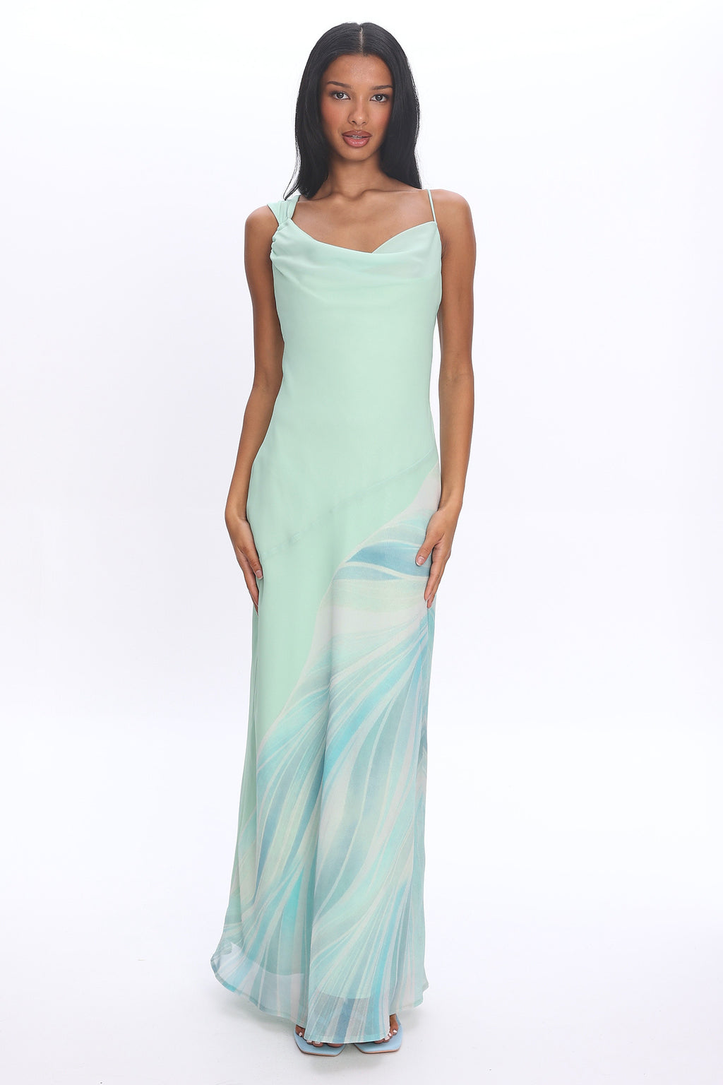 Astoria Asymmetric Cowl Neckline Maxi Dress Abstract Mint