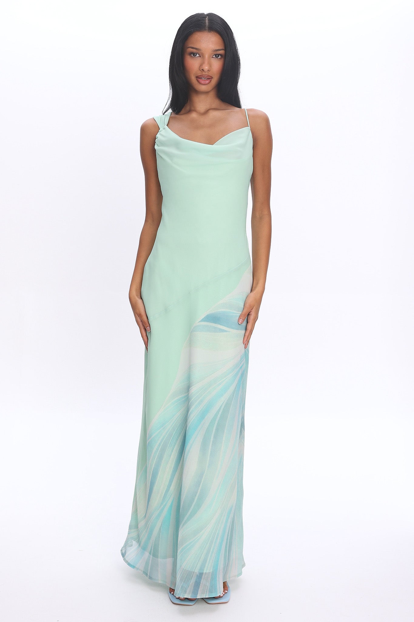Astoria Asymmetric Cowl Neckline Maxi Dress Abstract Mint