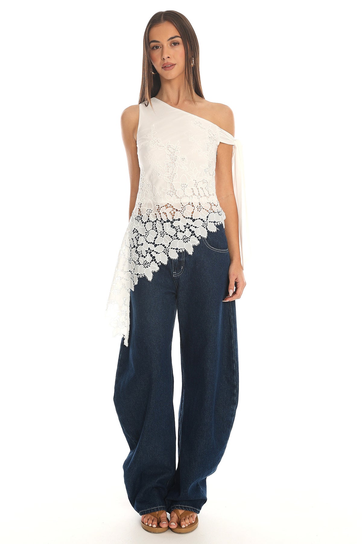 Contessa Asymmetric Lace Top White