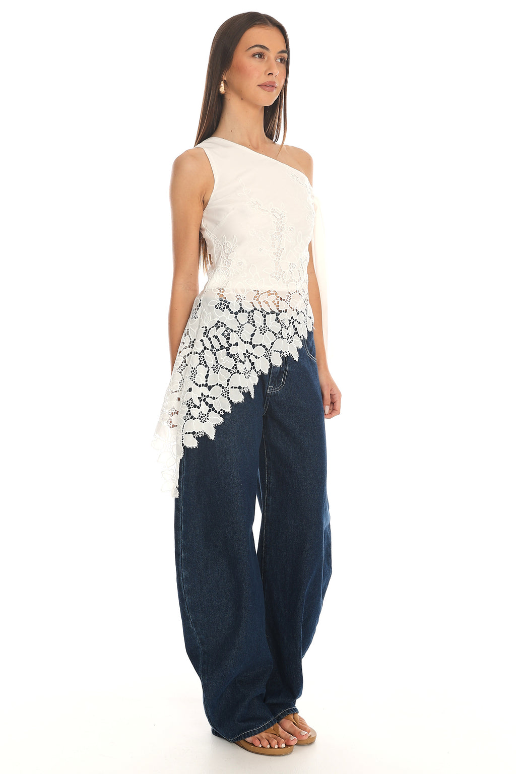 Contessa Asymmetric Lace Top White