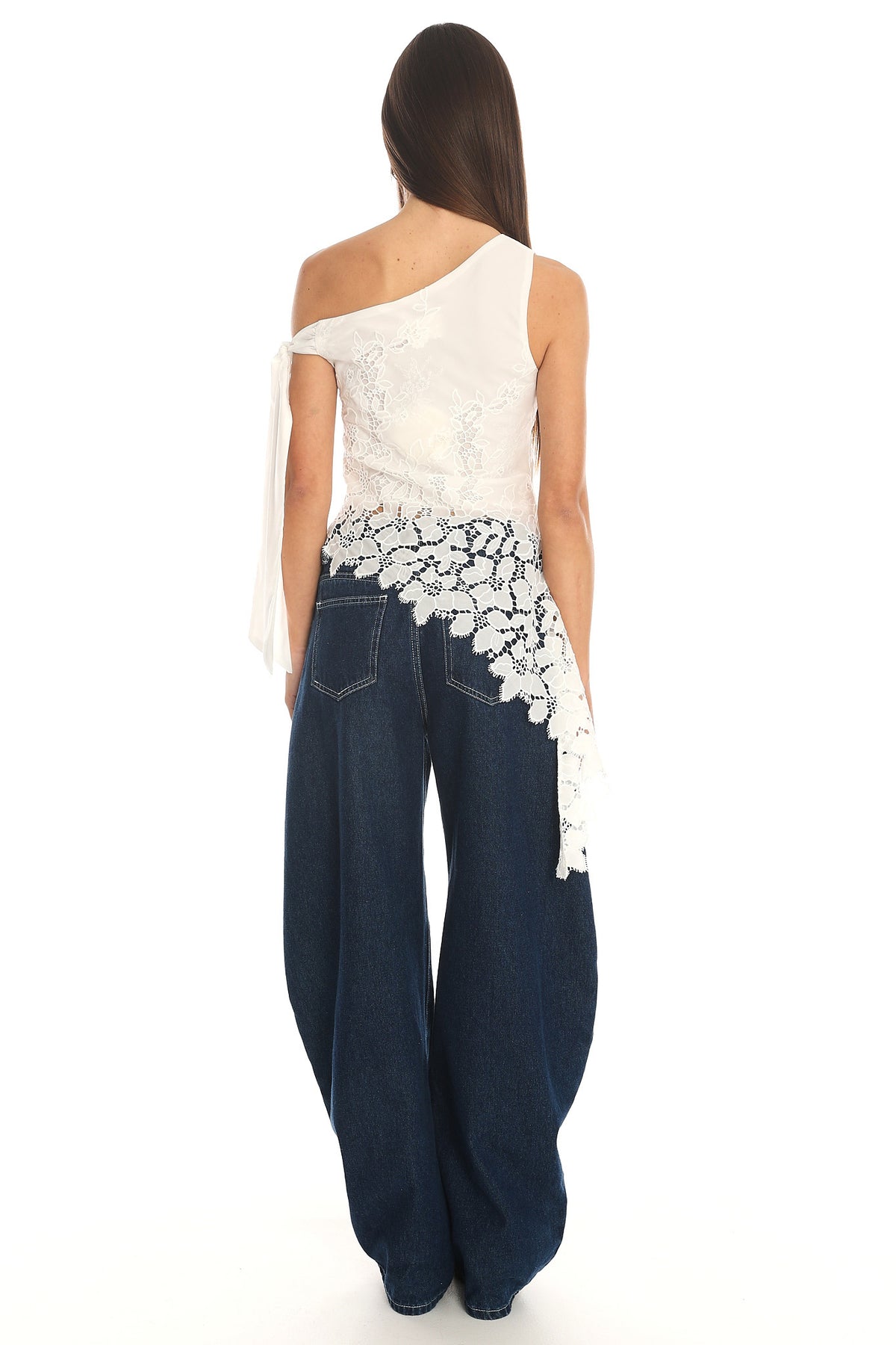 Contessa Asymmetric Lace Top White