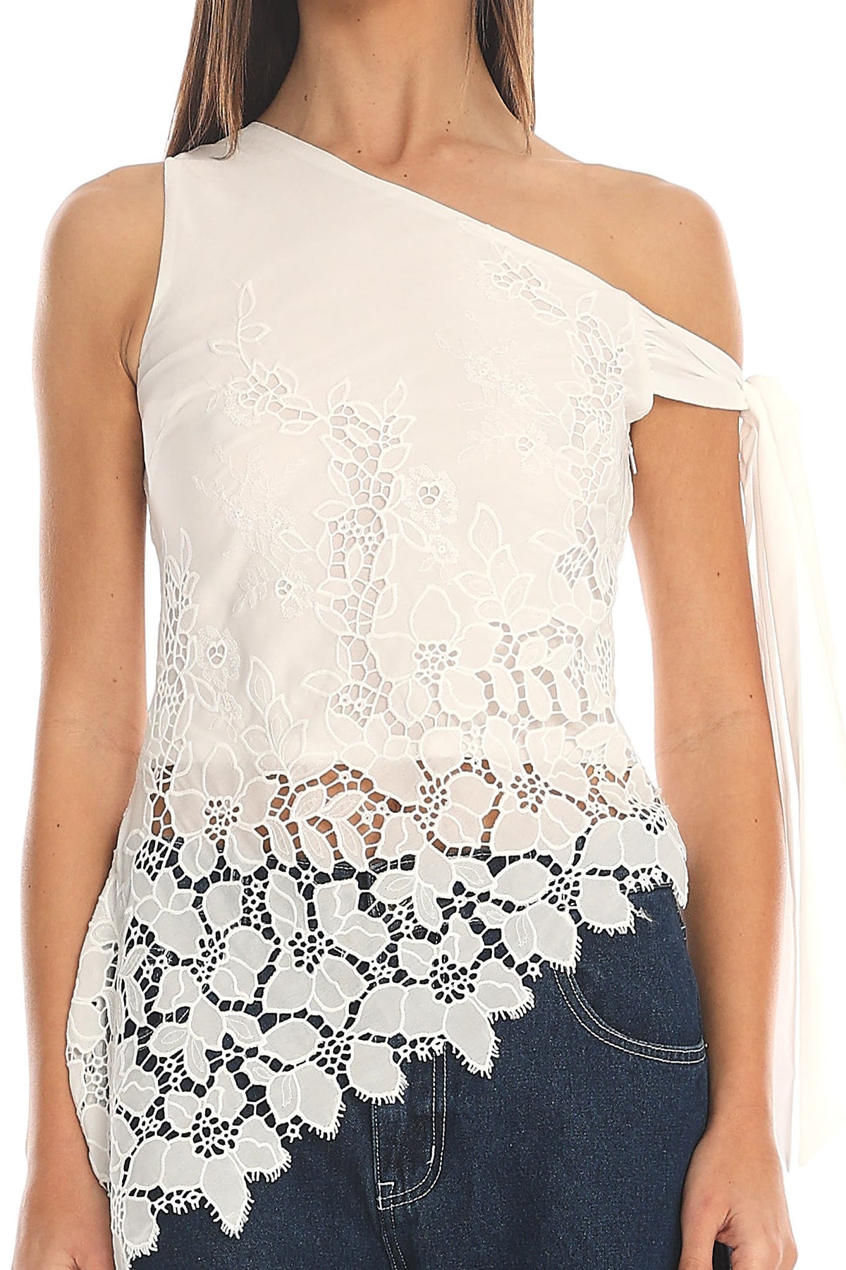 Contessa Asymmetric Lace Top White