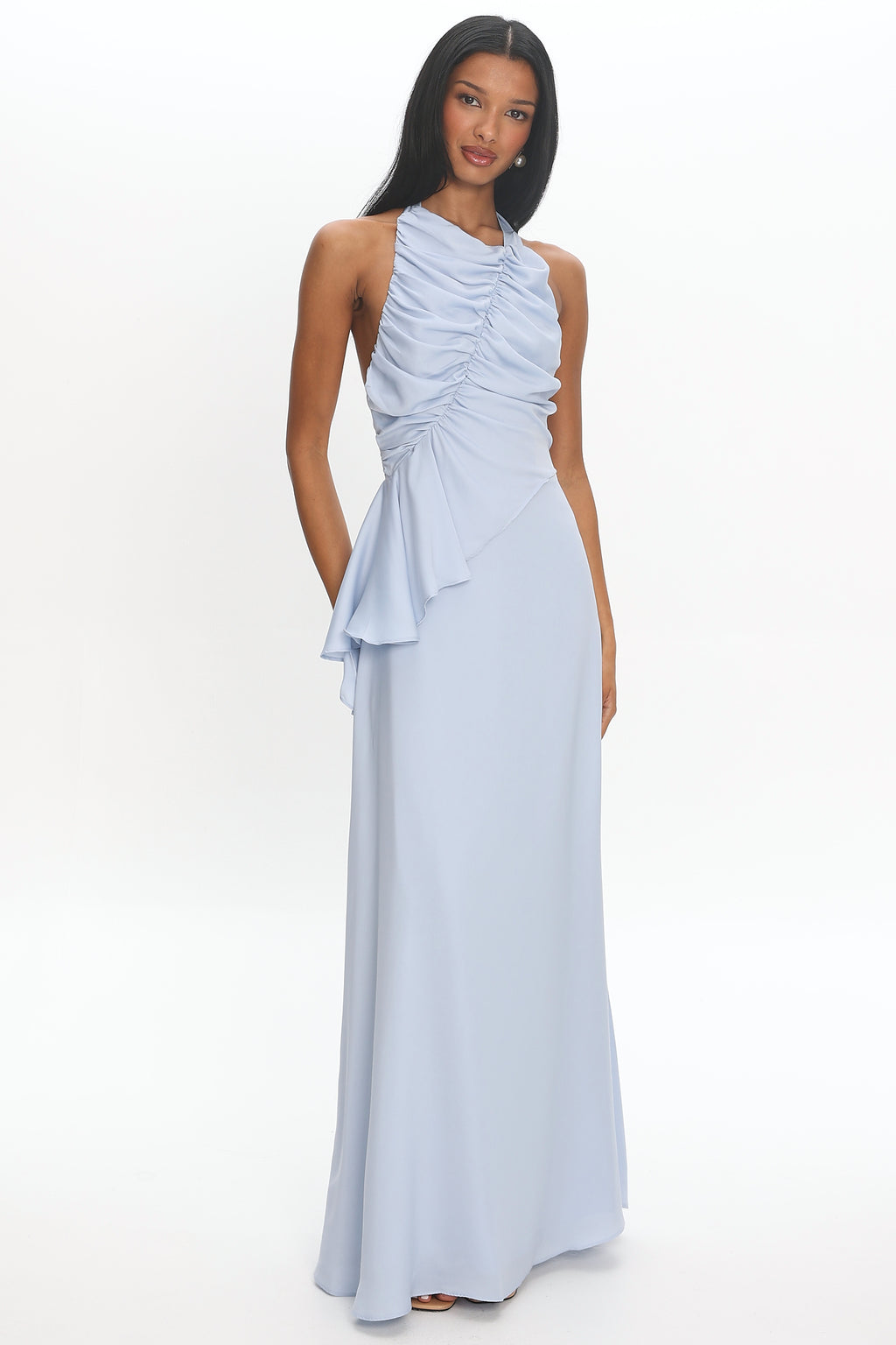 Genelyn Ruched Halter Maxi Dress Blue