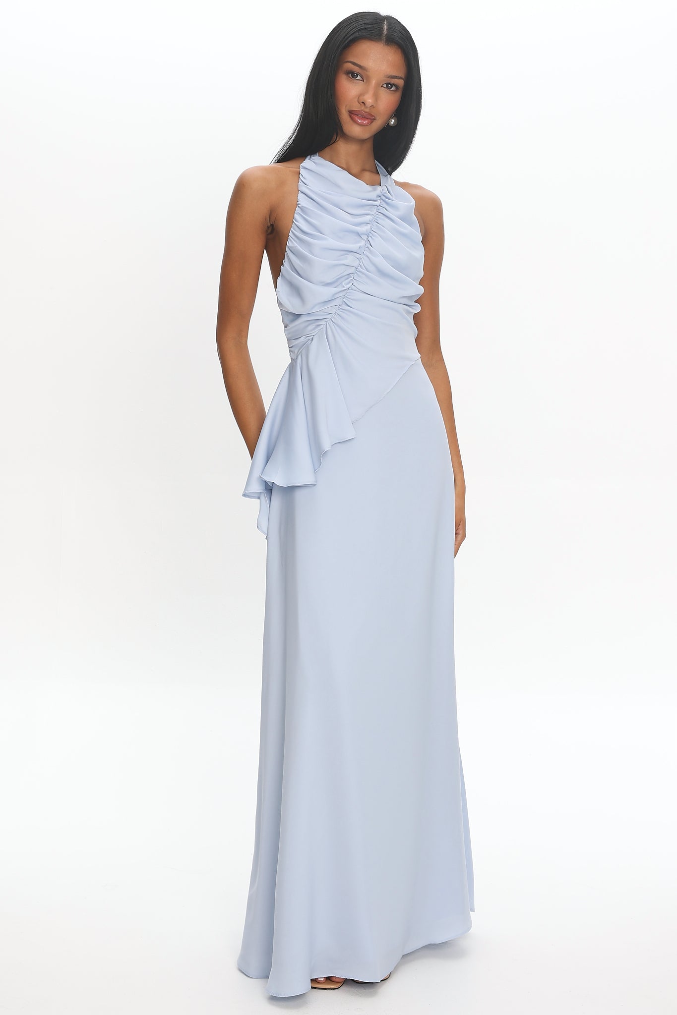 Genelyn Ruched Halter Maxi Dress Blue