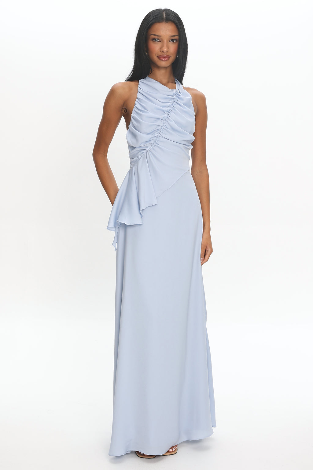 Genelyn Ruched Halter Maxi Dress Blue