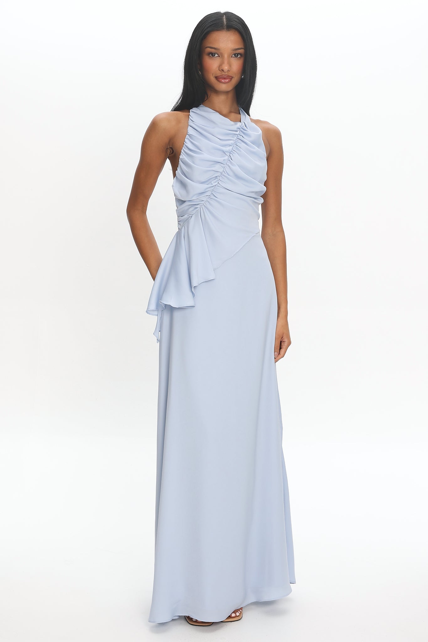 Genelyn Ruched Halter Maxi Dress Blue