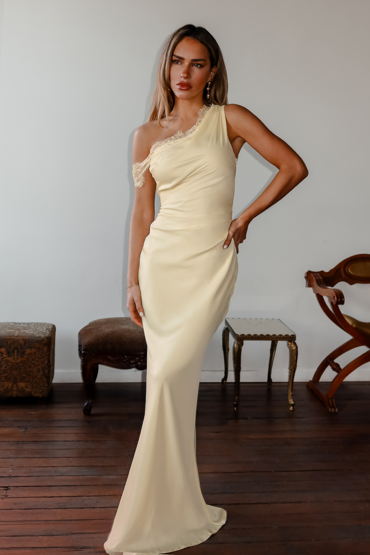 Lemon Grove One Shoulder Lace Trim Maxi Dress Butter
