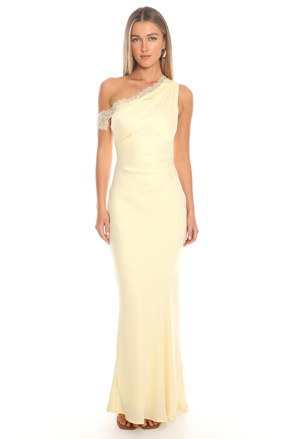 Lemon Grove One Shoulder Lace Trim Maxi Dress Butter