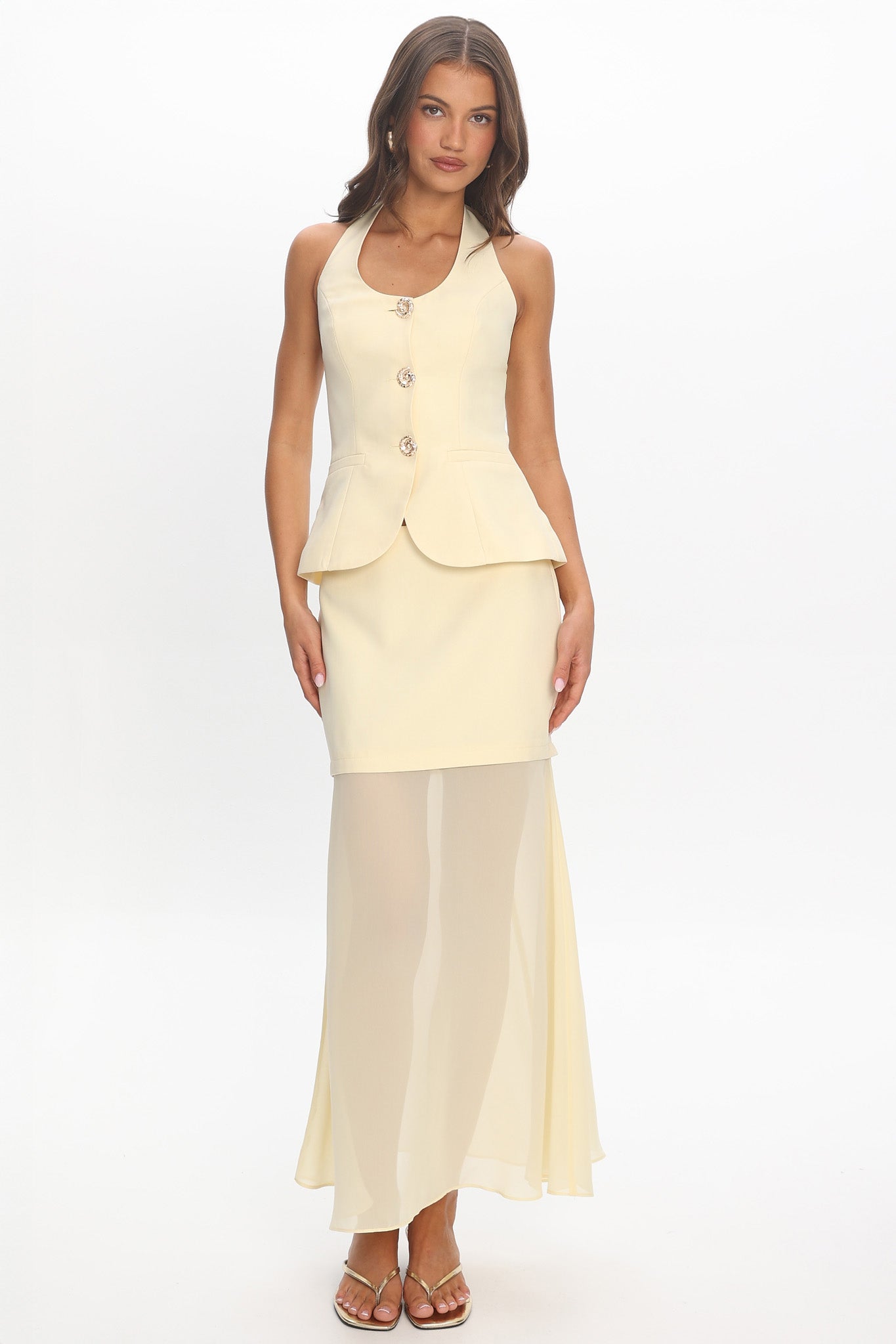 Meadow Lane Sheer Panelled Maxi Skirt Lemon
