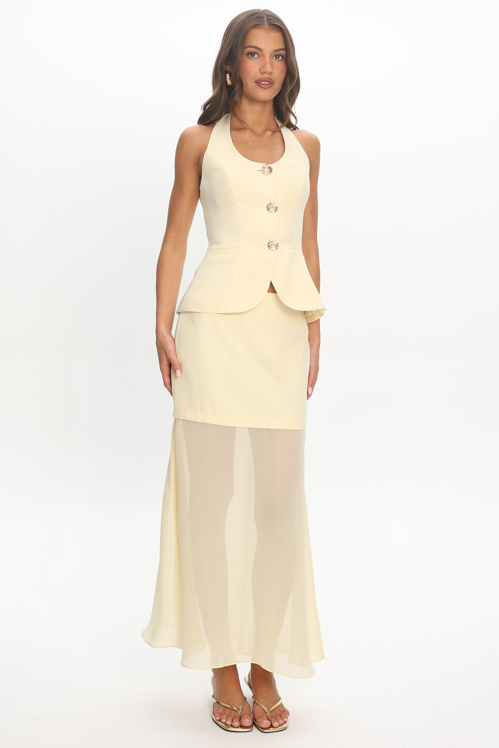 Meadow Lane Sheer Panelled Maxi Skirt Lemon