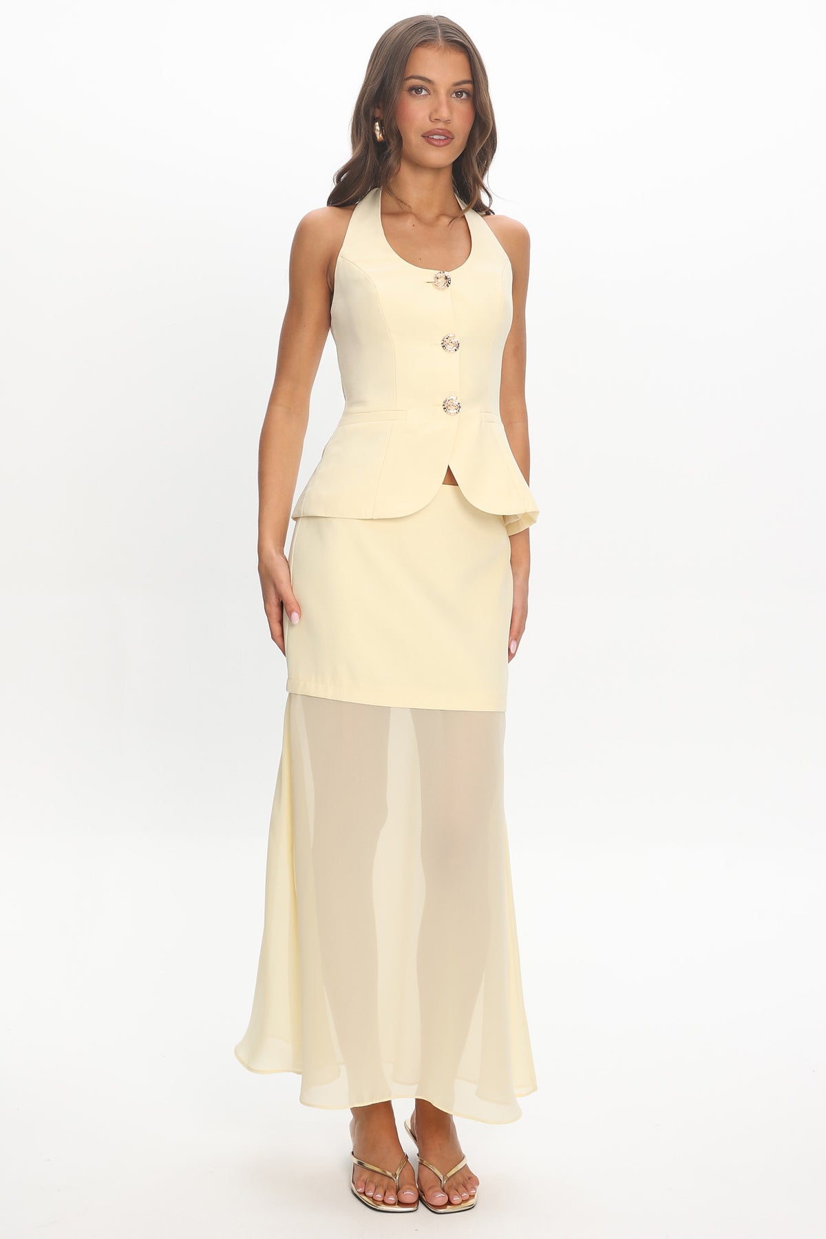 Meadow Lane Sheer Panelled Maxi Skirt Lemon