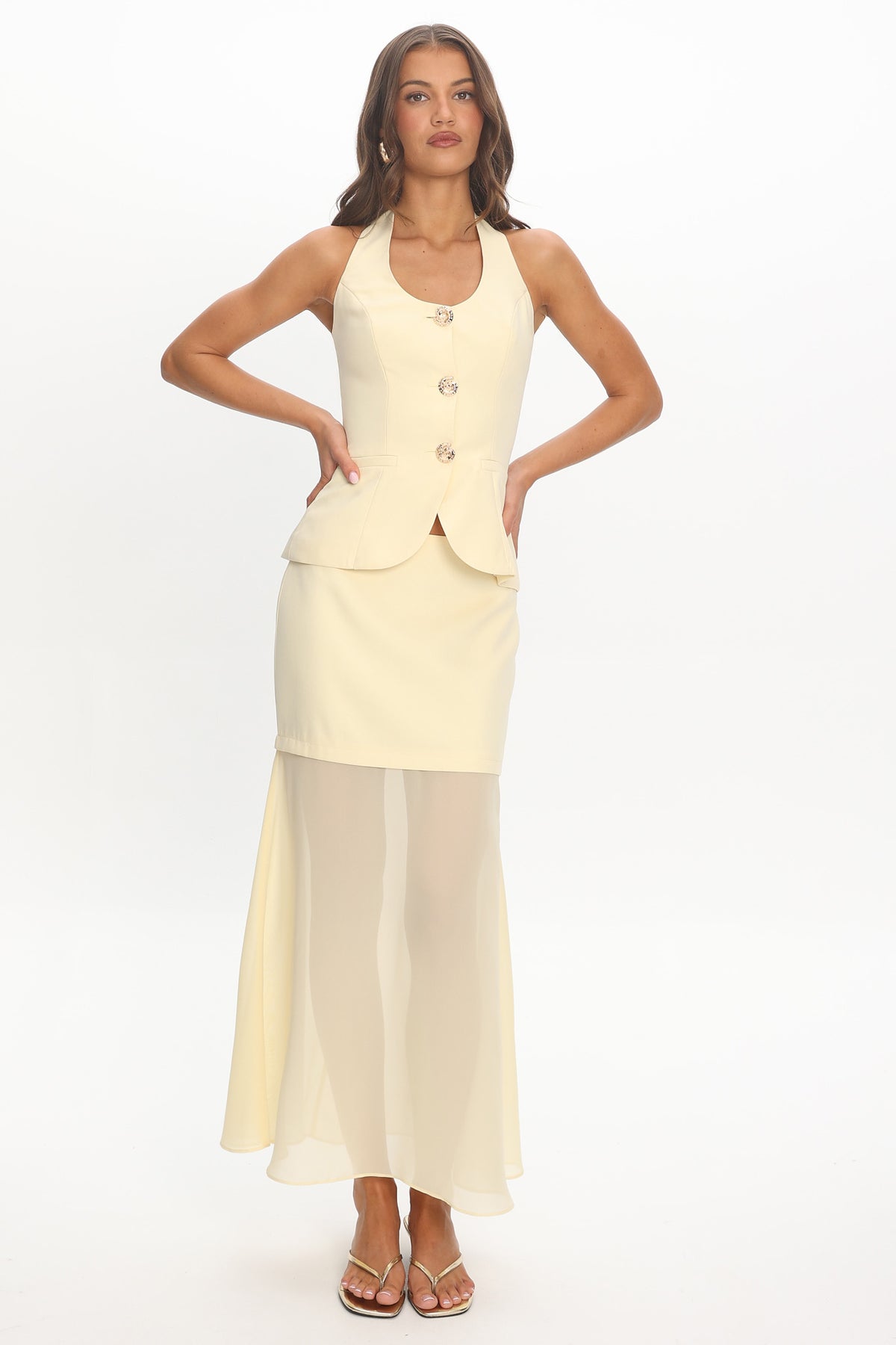 Meadow Lane Sheer Panelled Maxi Skirt Lemon