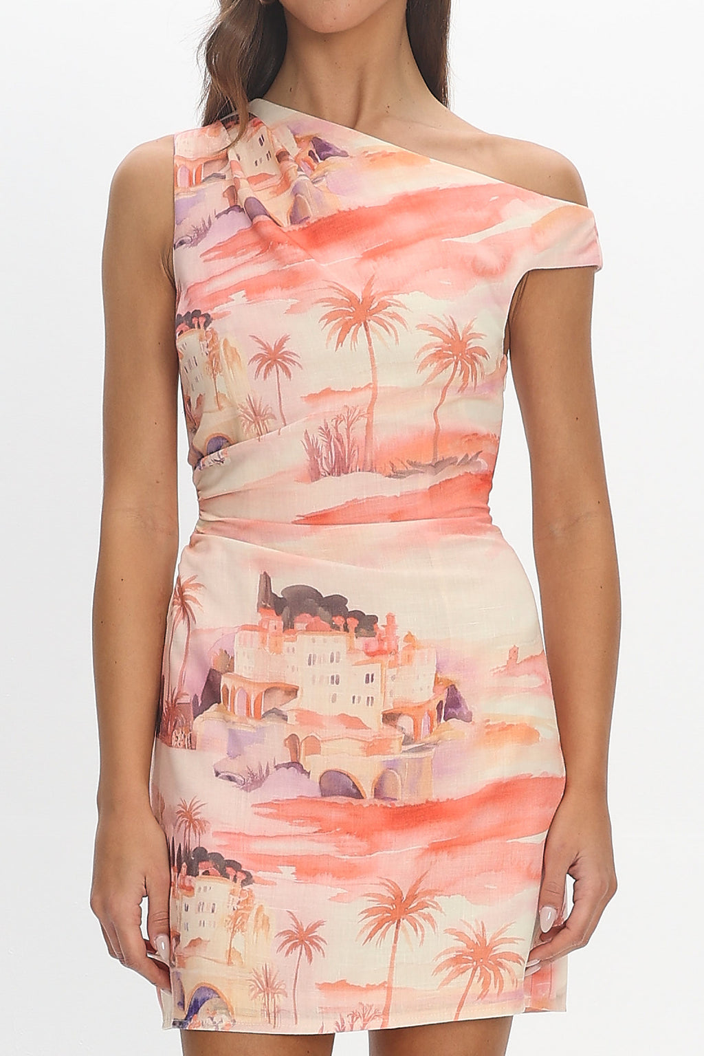 Heaven Darling Asymmetric Neckline Mini Dress Print Blush by Selfie Leslie Australia