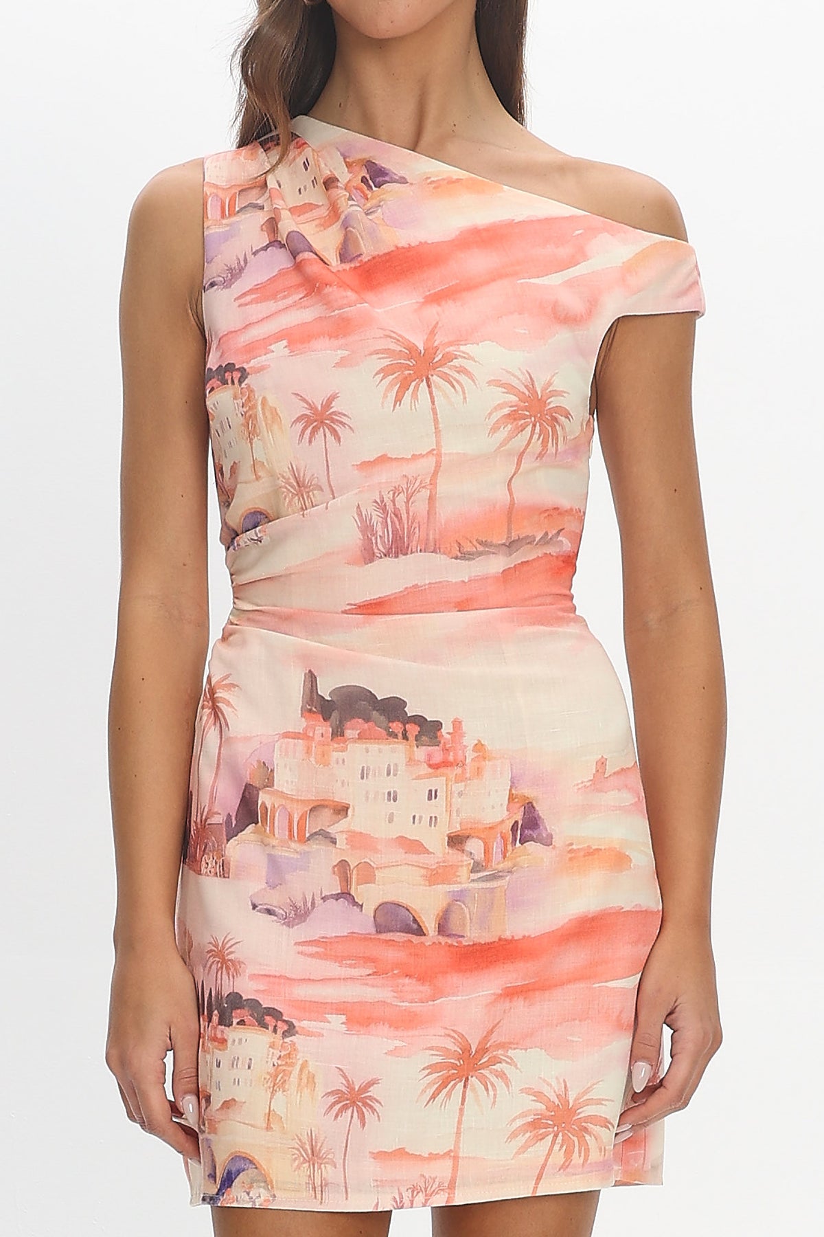 Heaven Darling Asymmetric Neckline Mini Dress Print Blush by Selfie Leslie Australia