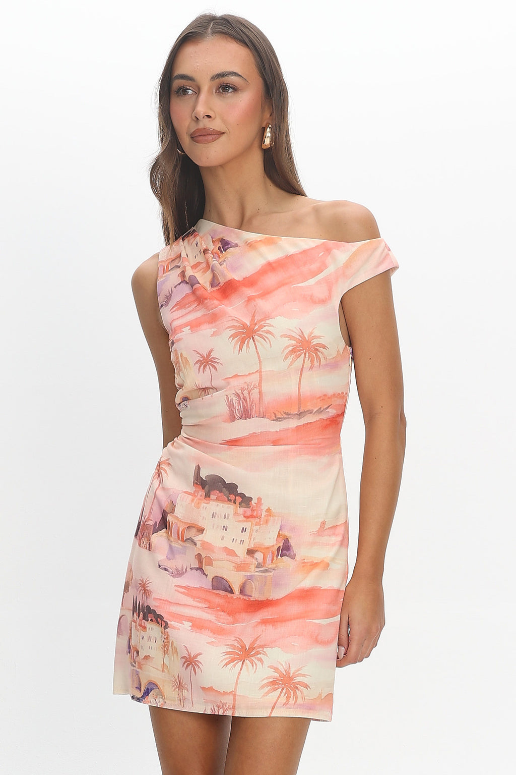 Heaven Darling Asymmetric Neckline Mini Dress Print Blush by Selfie Leslie Australia